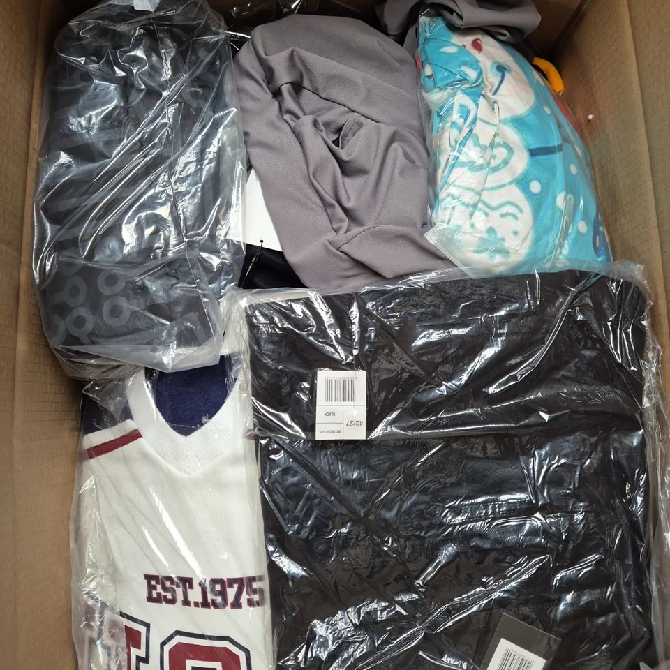 LARGE BOX OF ASSORTED CLOTHING ITEMS IN VARIOUS SIZES, STYLES AND COLOUR 