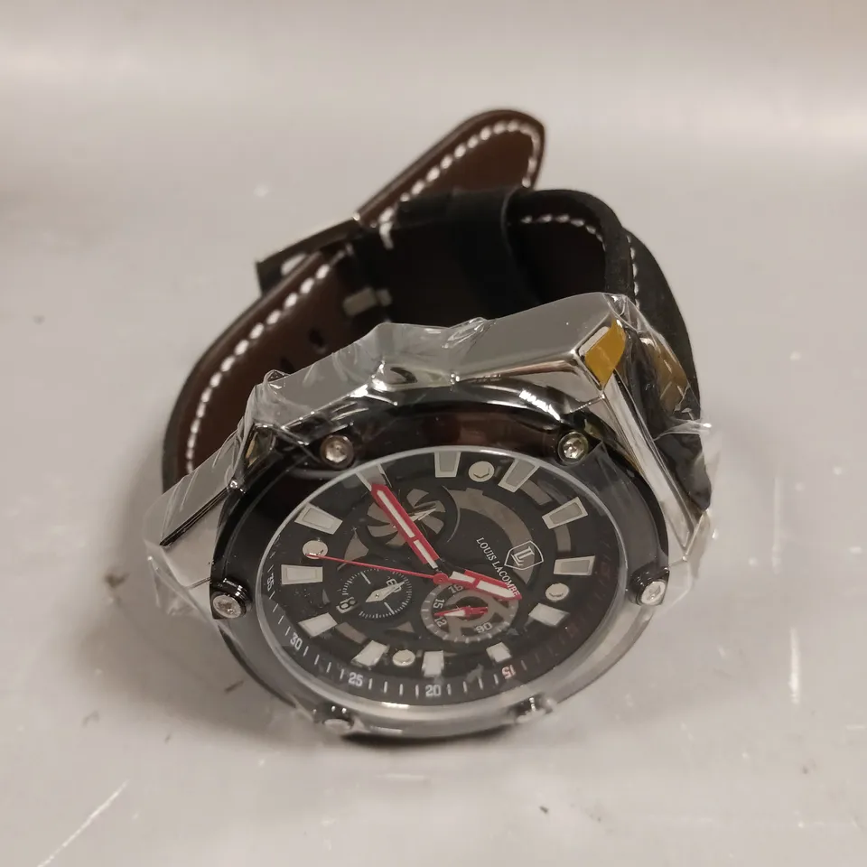 MENS LOUIS LACOMBE CHRONGRAPH WATCH – 3 SUB DIALS – SILVER COLOUR CASE – LEATHER STRAP 