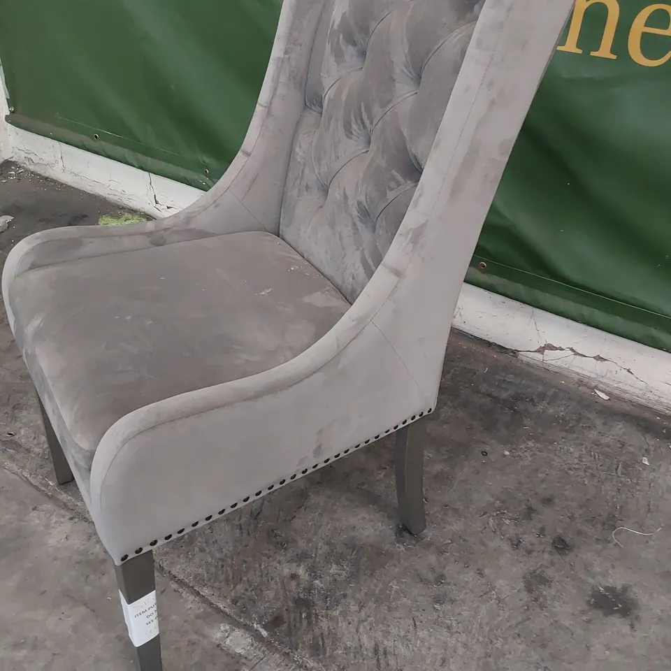 DESIGNER UPHOLSTERED BUTTONED BACK DINING CHAIR GREY PLUS FABRIC SILVERED WOOD LEGS
