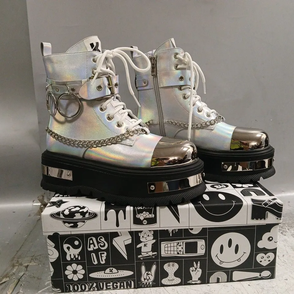 BOXED PAIR OF KOI BORIN HARDWARE PLATFORM BOOTS IN SILVER HOLOGRAM SIZE UK 4