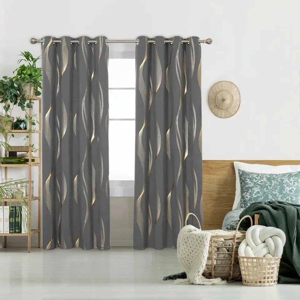 BAGGED MAISONET BLACKOUT EYELET CURTAIN PAIR - GREY / GOLD STRIPES // SIZE: 140 X 138CM