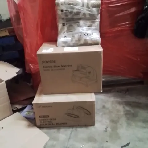 PALLET OF ASSORTED HOUSEHOLD GOODS AND PRODUCTS TO INCLUDE;UNDER DESK ELLIPTICAL TRAINER,ELECTRIC SLICER MACHINE,AREA MAT
