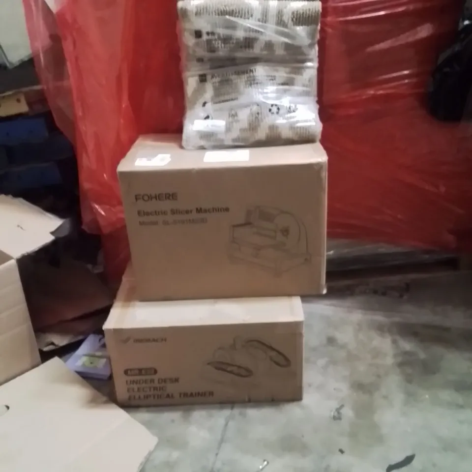 PALLET OF ASSORTED HOUSEHOLD GOODS AND PRODUCTS TO INCLUDE;UNDER DESK ELLIPTICAL TRAINER,ELECTRIC SLICER MACHINE,AREA MAT