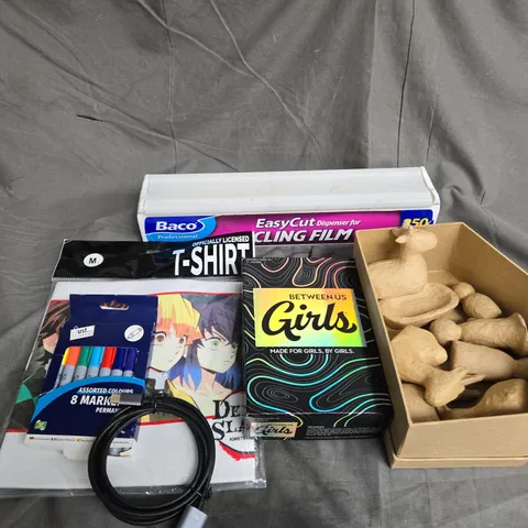 LARGE BOX OF APPROXIMATELY 40 ASSORTED ITEMS TO INCLUDE - DEMON SLAYER TSHIRT - EASY CUT CLINGFILM DISPENSER - PERMANENT MARKERS - ETC - COLLECTION ONLY