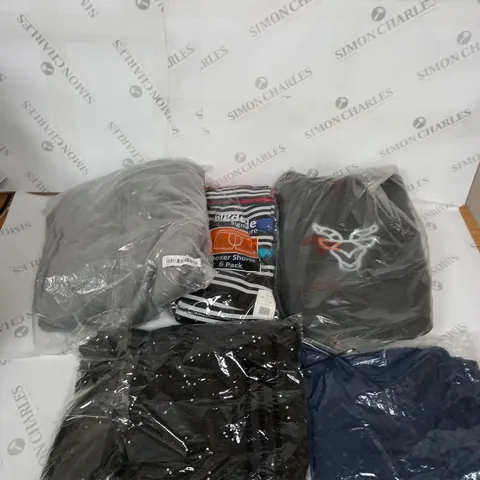 LARGE BOX OF ASSORTED CLOTHING ITEMS IN VARIOUS COLOURS AND SIZES INCLUDING TROUSERS , TOPS AND JUMPERS