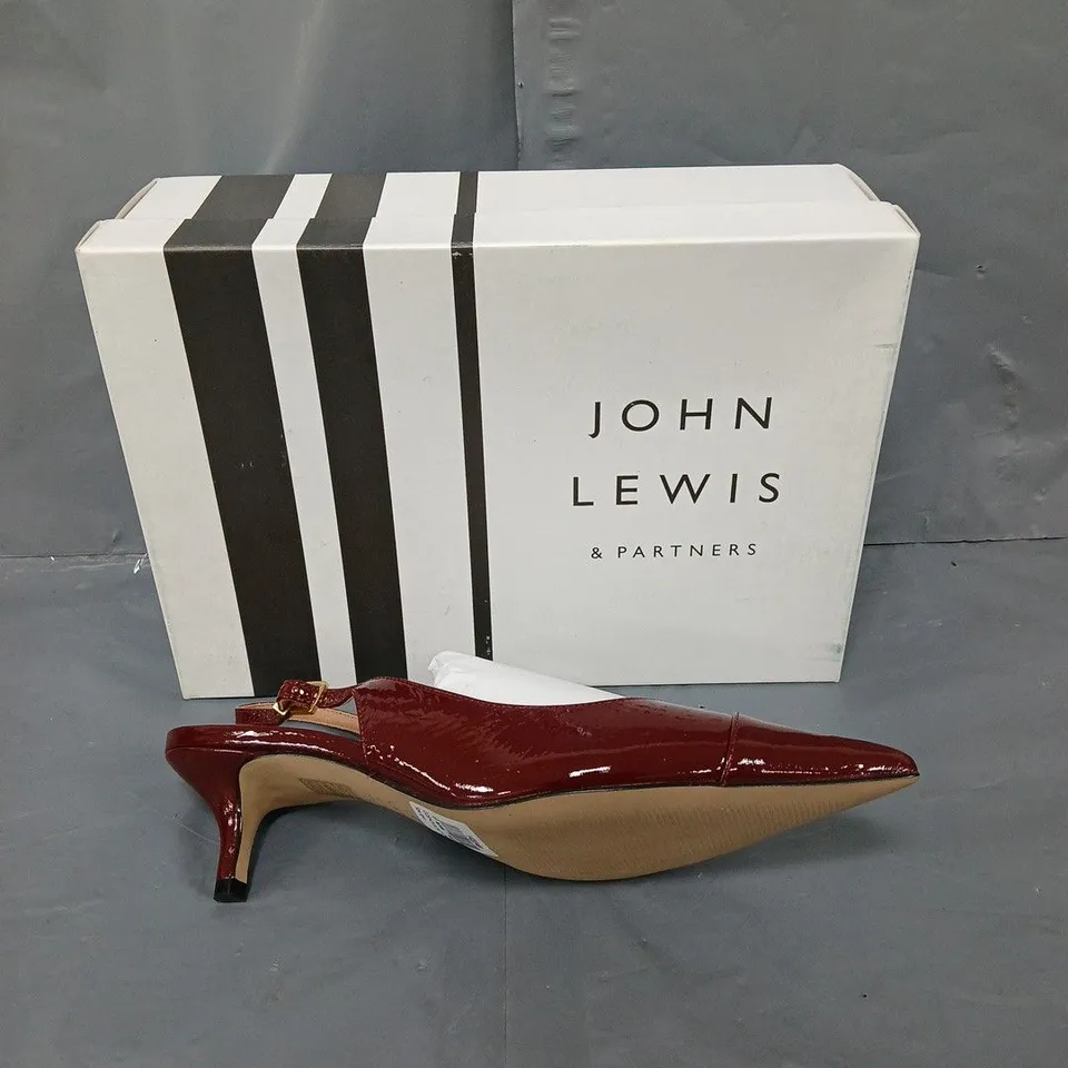 BOXED PAIR OF JOHN LEWIS COSMOS BURGENDY SIZE 8 HEELS 