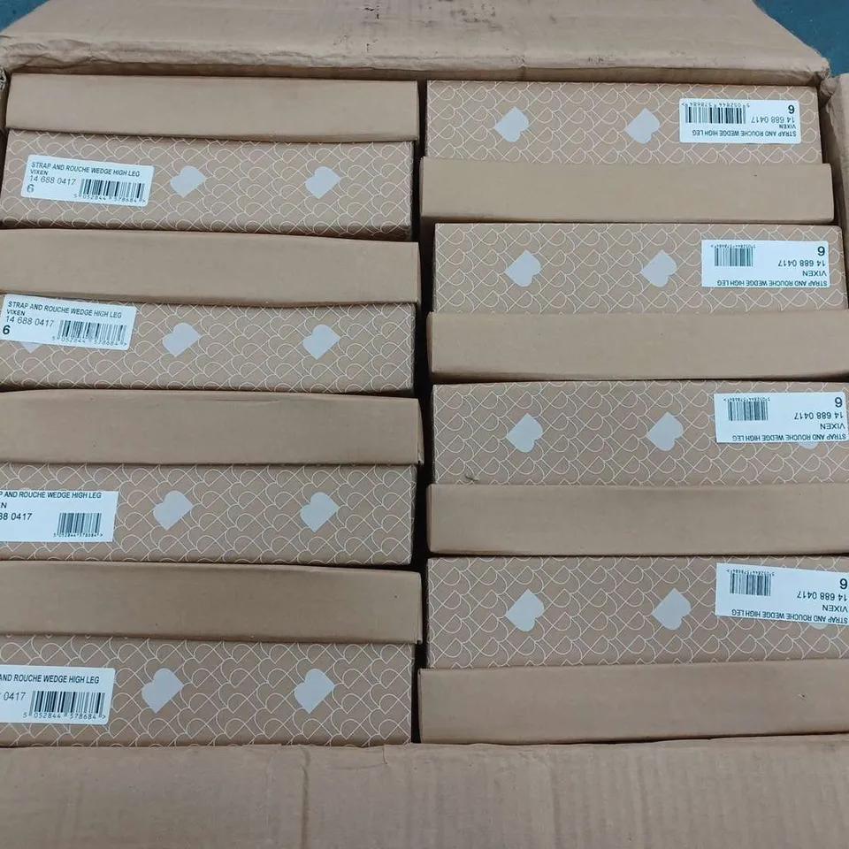 8 BOXED BARRATTS STRAP AND ROUCHE WEDGE HIGH LEG VIXEN BOOTS - SIZE 6
