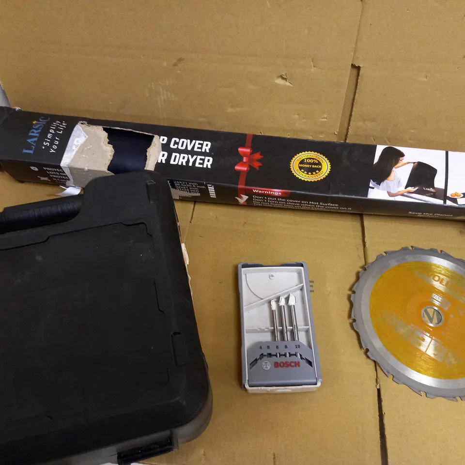 BOX OF APPROX 10 ASSORTED TOOL ITEMS TO INCLUDE BLACK AND DECKER BOX, INDUCTION HOB COVER, ASSORTED SANDER DRUMS