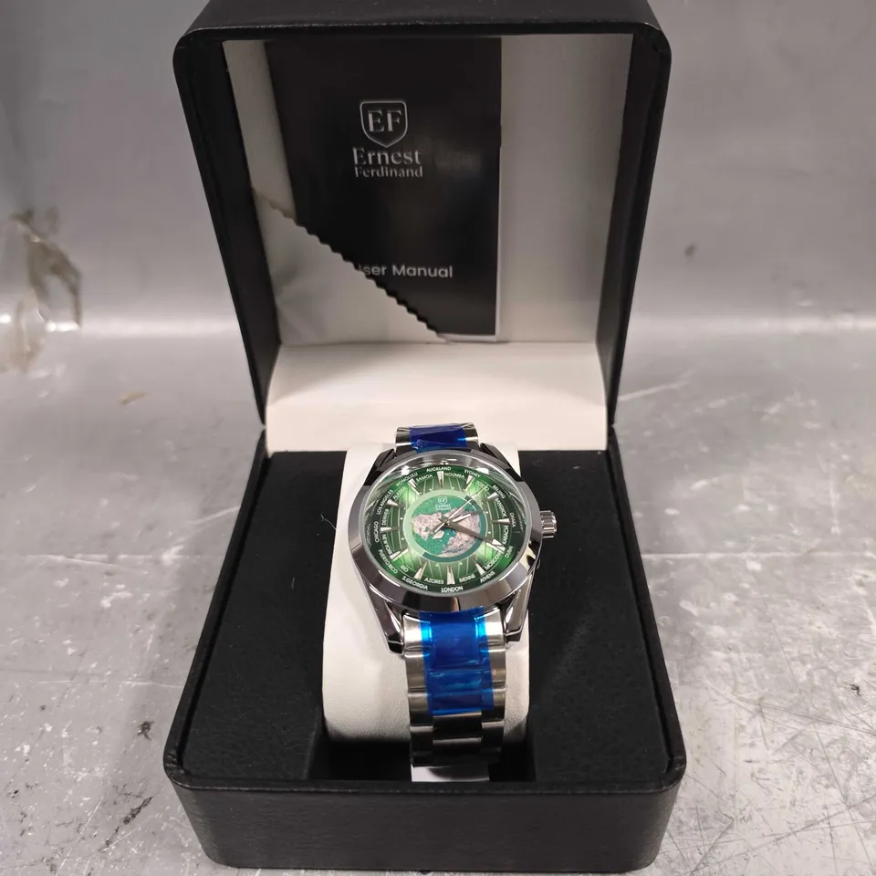BOXED ERNEST FERDINAND STAINLESS STEEL GREEN DIAL GENTS WATCH