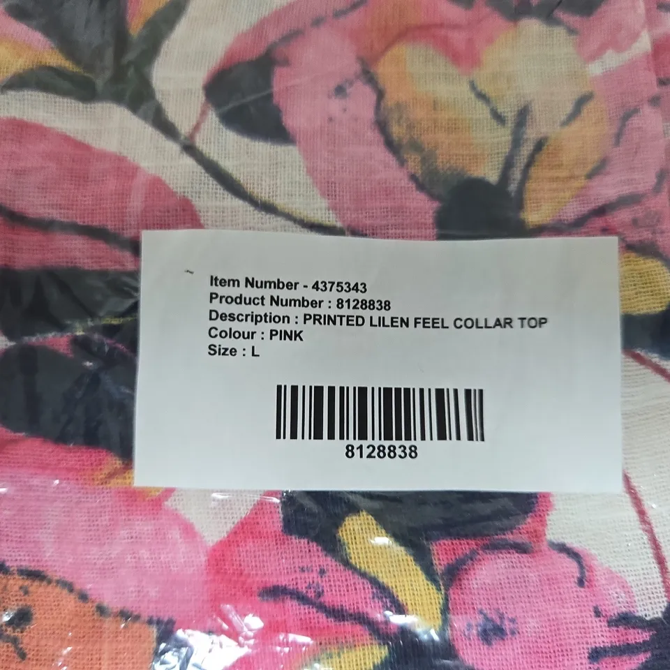 ANAMOR PRINTED LINEN-FEEL COLLAR TOP – PINK FLORAL, SIZE L