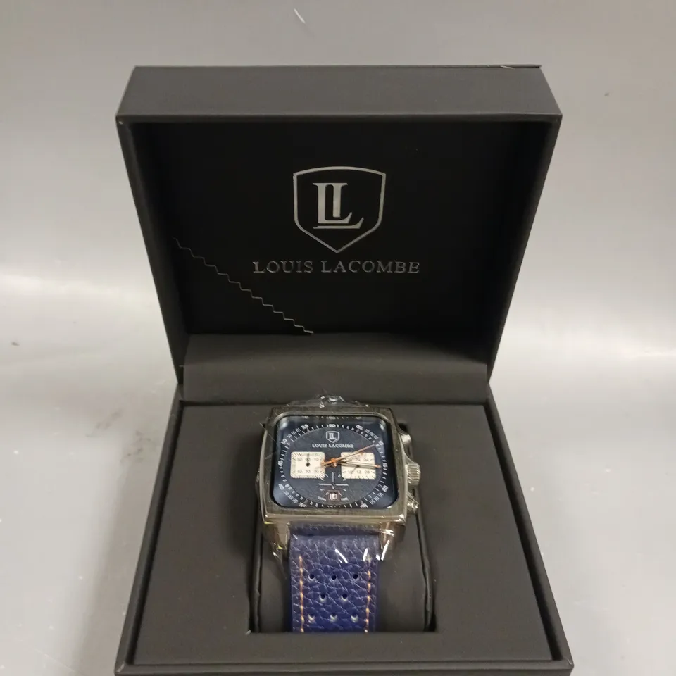 MENS LOUIS LACOMBE WATCH – SQUARE DIAL WITH WHITE SUB DIALS – LEATHER STRAP