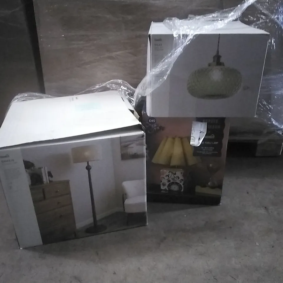 PALLET CONTAINING A VERY LARGE QUANTITY OF ASSORTED DESIGNER LIGHTING PRODUCTS INCLUDING:GRACIE FLOOR LAMP,SILAS EASY FIT PENDENT,SOPHIE ROBBINSON TABLE LAMP