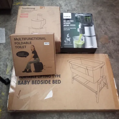 PALLET CONTAINING ASSORTED PRODUCTS INCLUDING BABY BEDSIDE BED, MULTIFUNCTIONAL FOLDABLE TOILET, MULTIFUNCTIONAL FOOD PROCESSOR & CUT-FREE UPGRADE JUICING SYSTEM