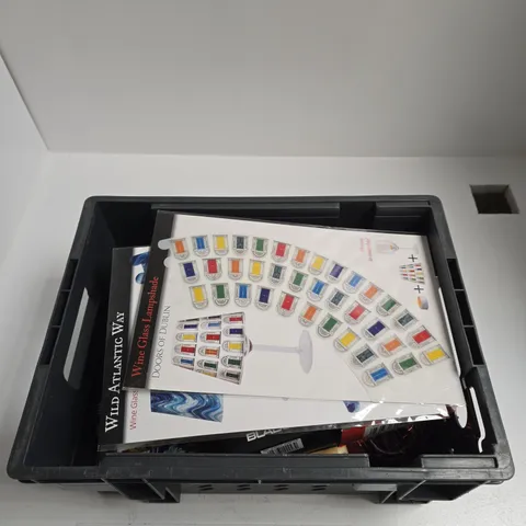 BOX OF APPROXIMATELY 15 ASSORTED TOYS INCLUDING ARMOR G1 IMPACT-PROOF DARTS WALLET, WINSONS ACRYLIC MARKER AND WINE GLASS LAMPSHADE