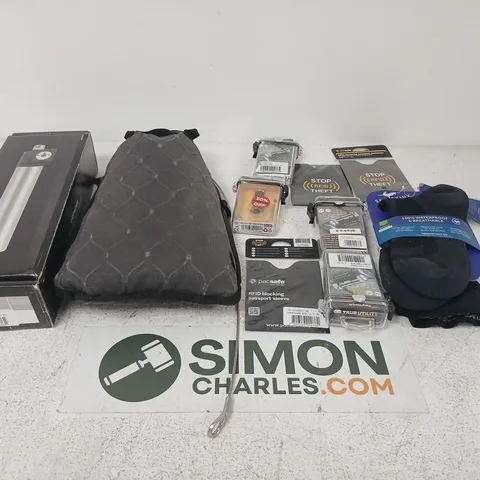 APPROXIMATELY 10 ASSORTED PRODUCTS TO INCLUDE; CARTRIDGE AVALANCHE AIRBAGS, TRAVEL SAFE 5L, RFID BLOCKING PASSPORT PROTECTOR, TINYTORCH AND SEALSINZ SOCKS