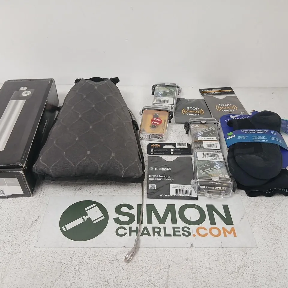 APPROXIMATELY 10 ASSORTED PRODUCTS TO INCLUDE; CARTRIDGE AVALANCHE AIRBAGS, TRAVEL SAFE 5L, RFID BLOCKING PASSPORT PROTECTOR, TINYTORCH AND SEALSINZ SOCKS