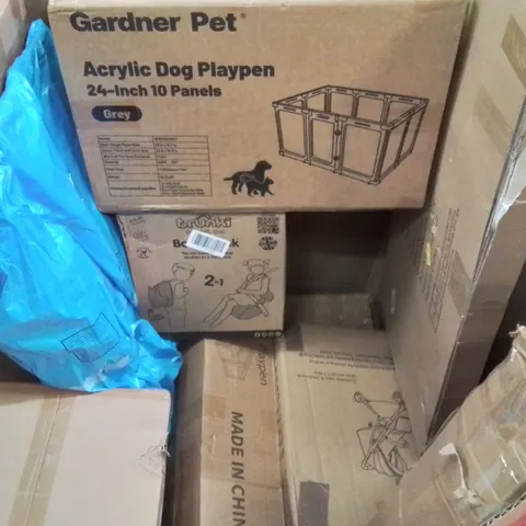 PALLET CONTAINING VARIOUS ASSORTED BOXED HOUSEHOLD ITEMS TO INCLUDE: DOG PLAYPEN, KIDS STROLLER AND MORE UNMARKED BOXED ITEMS 