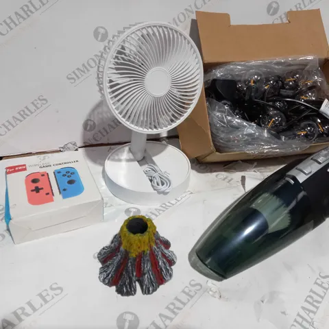 BOX OF APPROXIMATELY 5 ITEMS TO INCLUDE CAR HOOVER, FAN, GAMES CONTROLLER ETC