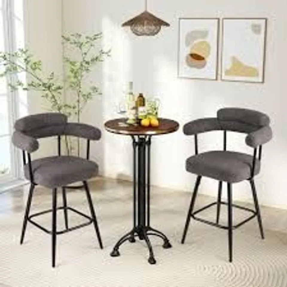 BOXED SWIVEL BAR STOOL SET OF 2 COUNTER HEIGHT CHAIRS WITH CURVED BACK-GREY