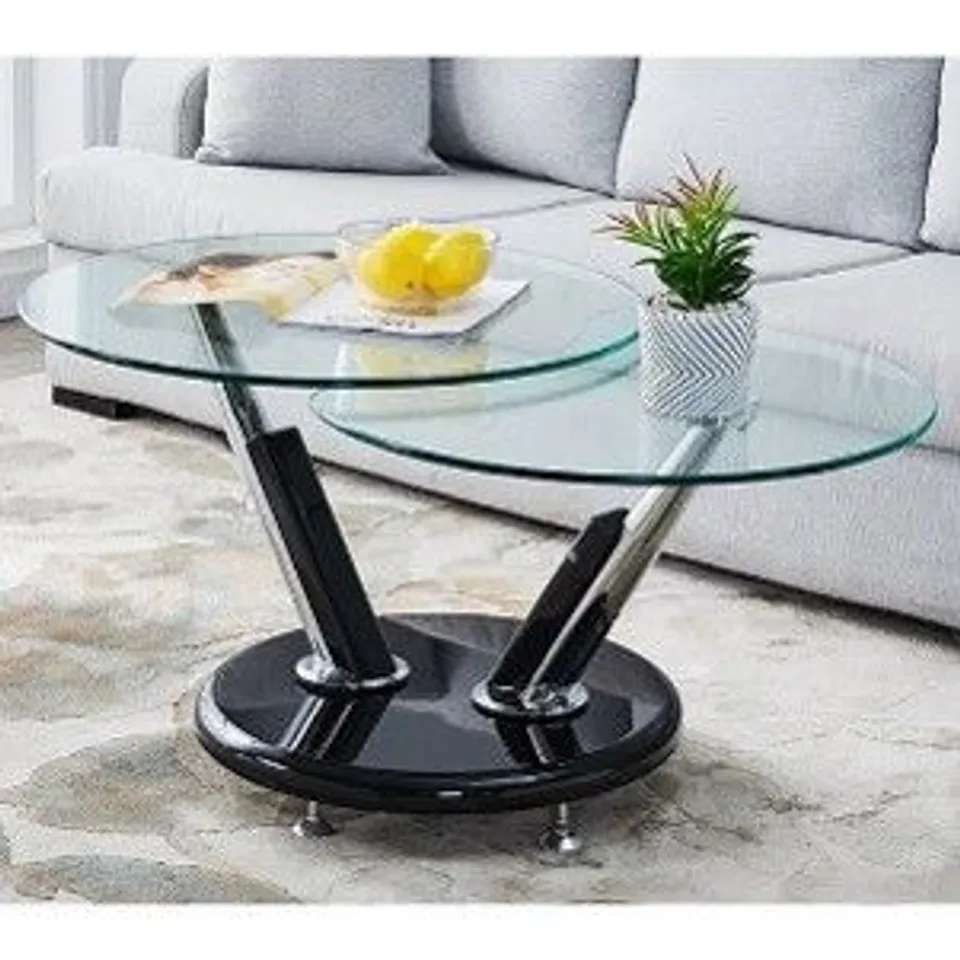 BRAND NEW BOXED TOKYO TWIST GLASS TOP COFFEE TABLE WITH BLACK HIGH GLOSS BASE 70-120×45×70CM (2 BOXES)