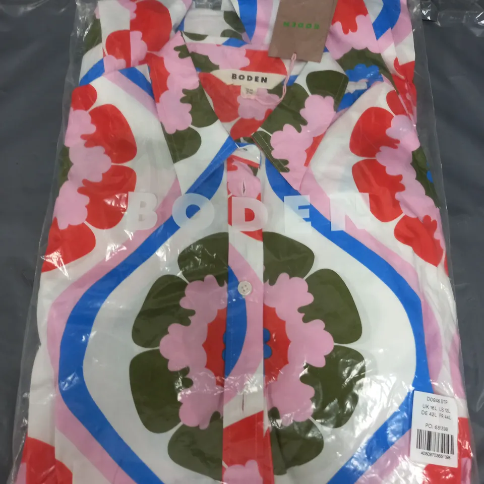 BAGGED BODEN AMY COTTON MIDI SHIRT DRESS IN GEO FLORET DESIGN IN MULTI - UK 16L