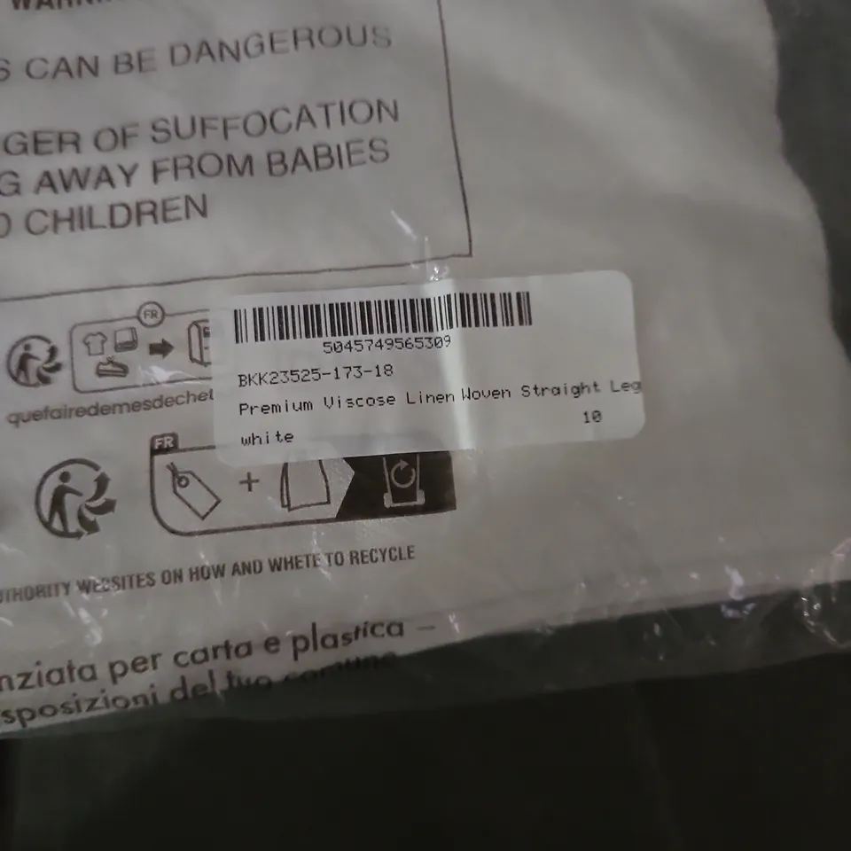 BAGGED KAREN MILLEN WOMEN'S WHITE PREMIUM VISCOSE-LINEN-WOOL BLEND STRAIGHT-LEG TROUSERS, UK 10