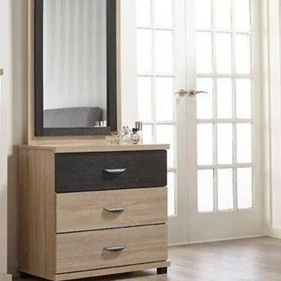 BOXED DOMINIC 3-DRAWER DRESSING TABLE IN OAK/BLACK (1 BOX)
