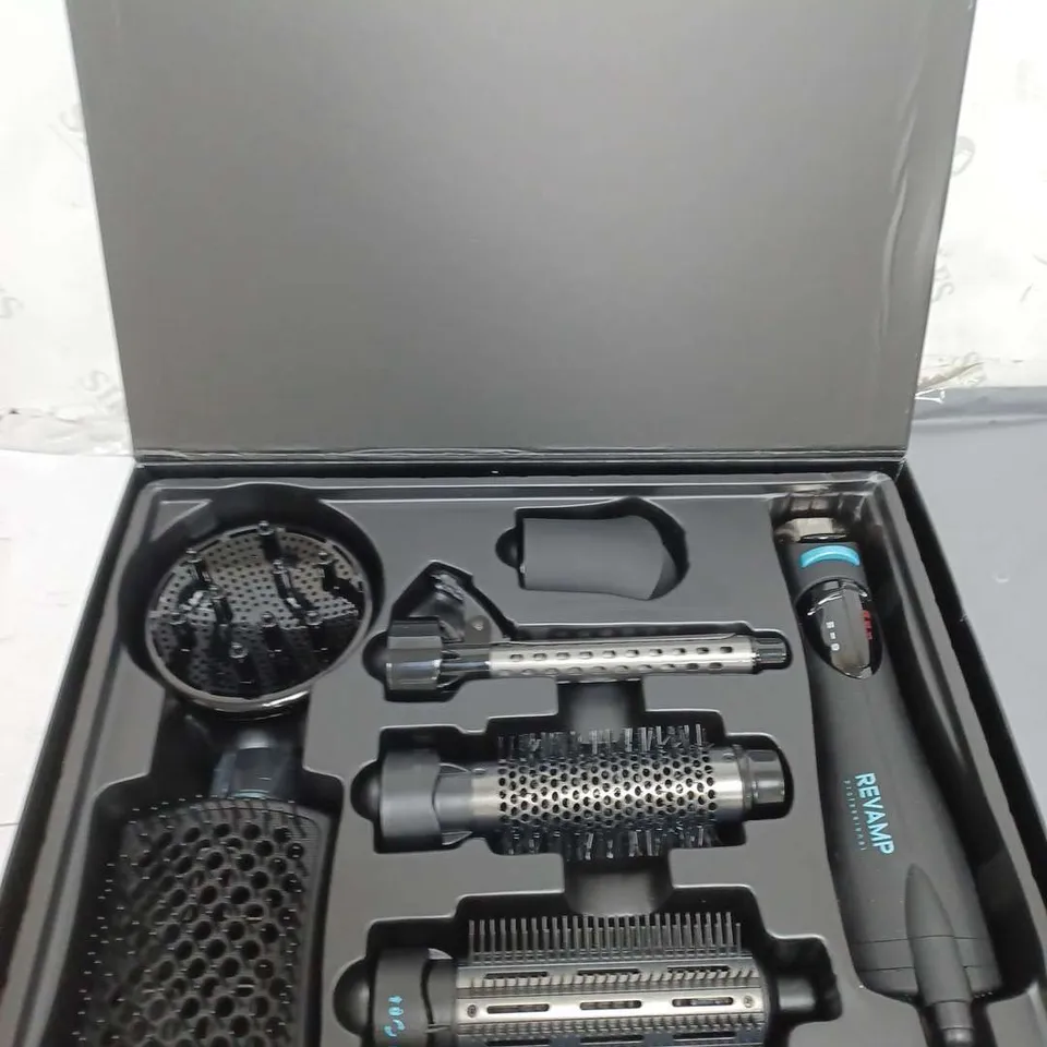 BOXED LOT OF APPROXIMATELY 10 REVAMP HAIR CARE PRODUCTS TO INCLUDE STRAIGHTENERS AND HAIRDRYERS