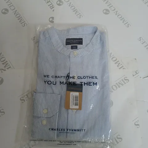 CHARLES TYRWHITT OCEAN BLUE STRIPE SLIM FIT STRETCH WASHED OXFORD COLLARLESS SHIRT