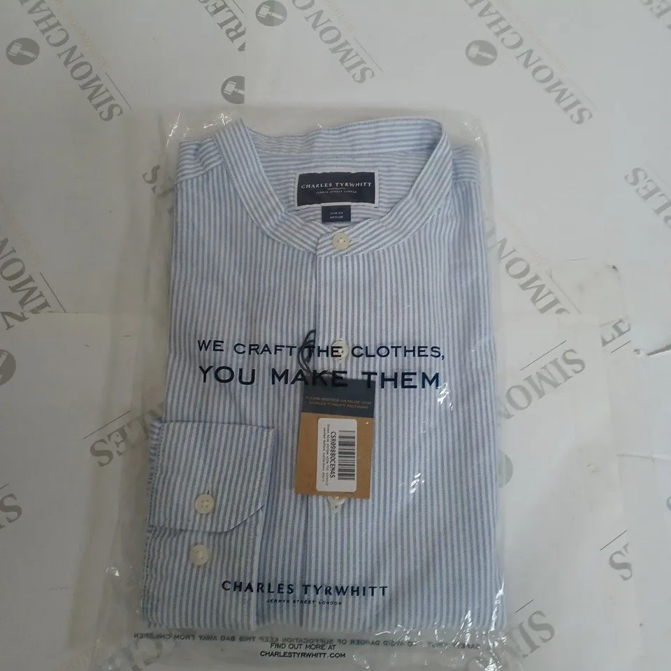 CHARLES TYRWHITT OCEAN BLUE STRIPE SLIM FIT STRETCH WASHED OXFORD COLLARLESS SHIRT 