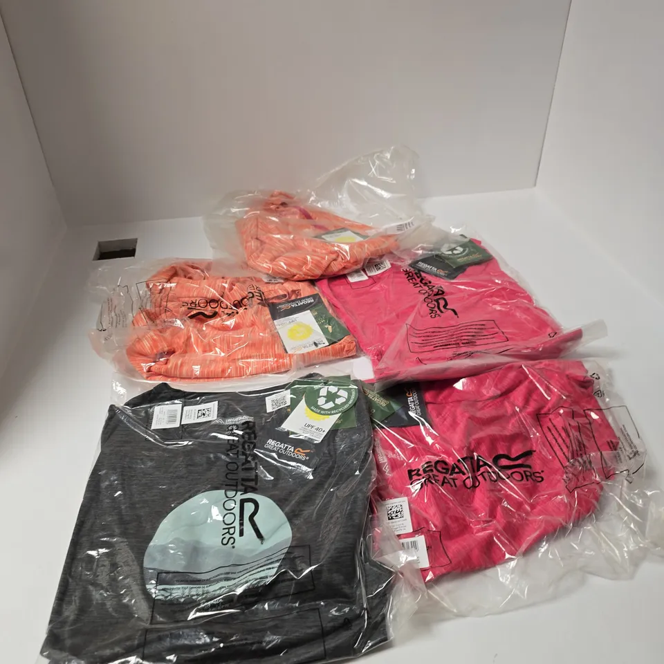 BOX OF APPROXIMATELY 20 ASSORTED REGATTA T SHIRT IN VARIOUS STYLES , COLOURS AND SIZES INCLUDING WOMENS FINGAL , HYPER DIMENSION AND FILANDRA