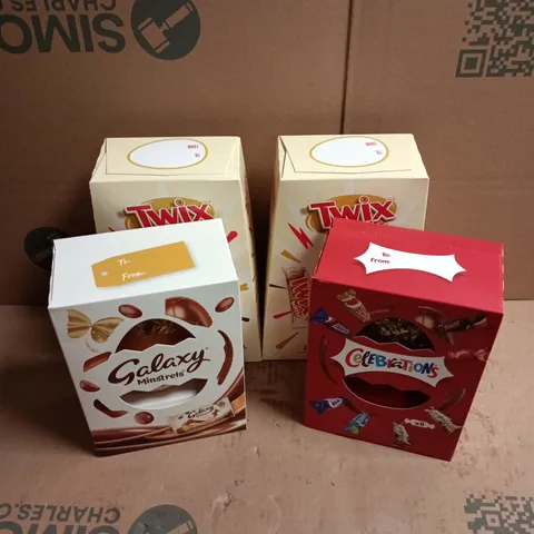4 ASSORTED EASTER EGGS TO INCLUDE TWIX WHITE, CELEBRATIONS, GALAXY MINSTRELS