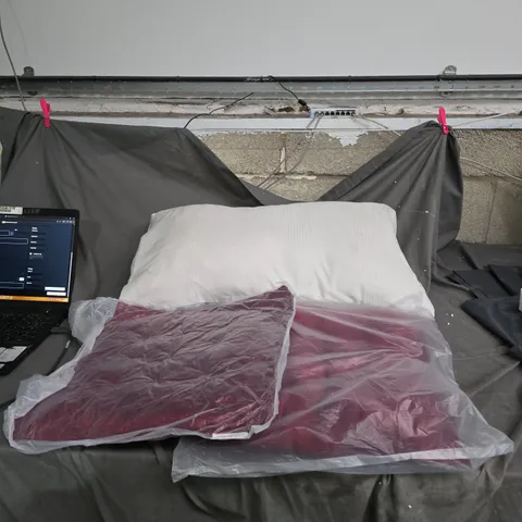 SET OF 2 BURGUNDY CUSHIONS AND ONE LARGE WHITE PILLOW .