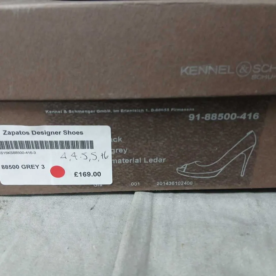KENNEL & SCHMENGER GREY PATENT LEATHER PLATFORM PEEP-TOE HIGH HEELS (BOXED)