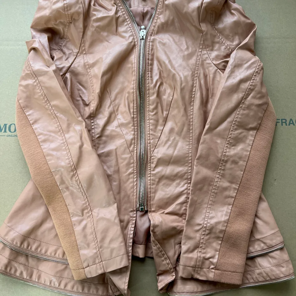 FOREVER UNIQUE SAND SIZE 14 FAUX LEATHER JACKET WITH ZIP BASE DETAIL