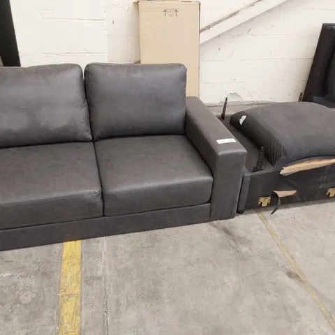 TWO ITEMS, GREY LEATHER 2 SEATER SOFA SECTION & GREY FABRIC CORNER SECTION