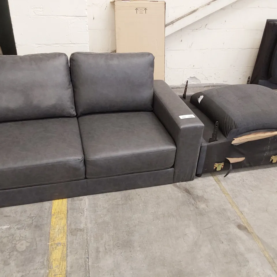 TWO ITEMS, GREY LEATHER 2 SEATER SOFA SECTION & GREY FABRIC CORNER SECTION