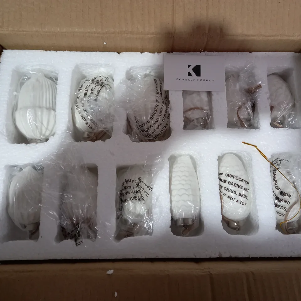 K BY KELLY HOPPEN SET OF CERAMIC ACORN & PINECONE BAUBLES