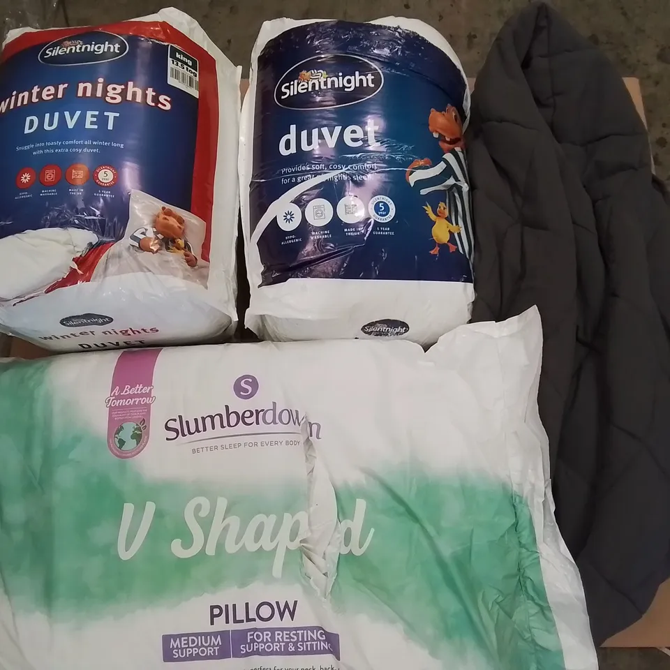 TWO LARGE BOXES OF ASSORTED DUVETS, WEIGHTED BLANKETS AND PILLOWS