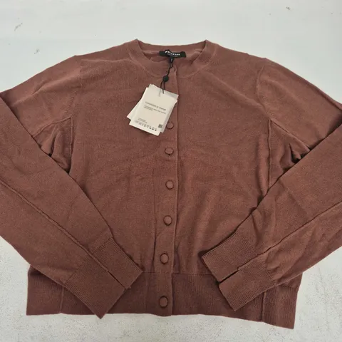 WHISTLES FINE GAUGE CREW NECK CARDIGAN IN BROWN - MEDIUM