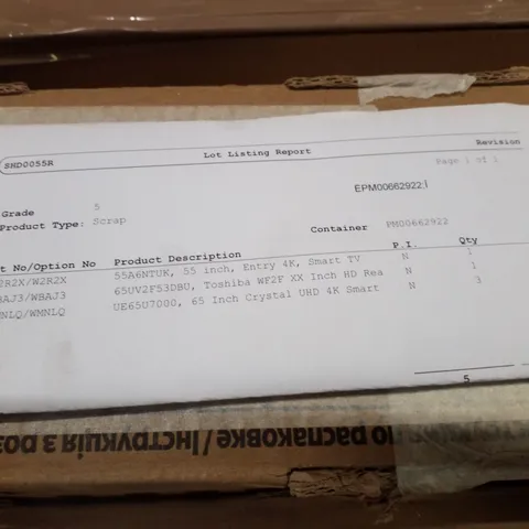 PALLET OF FIVE ASSORTED WAREHOUSE DAMAGED TV'S TO INCLUDE;