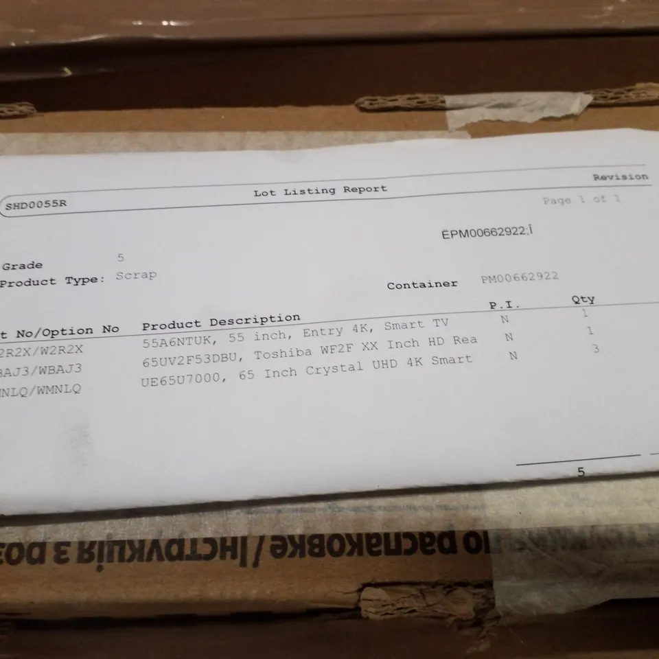 PALLET OF FIVE ASSORTED WAREHOUSE DAMAGED TV'S TO INCLUDE;