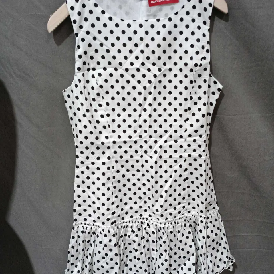 MANY MANY CLOTHES POLKA DOT SLEEVELESS DRESS – WHITE WITH BLACK SPOTS - SIZE SMALL 