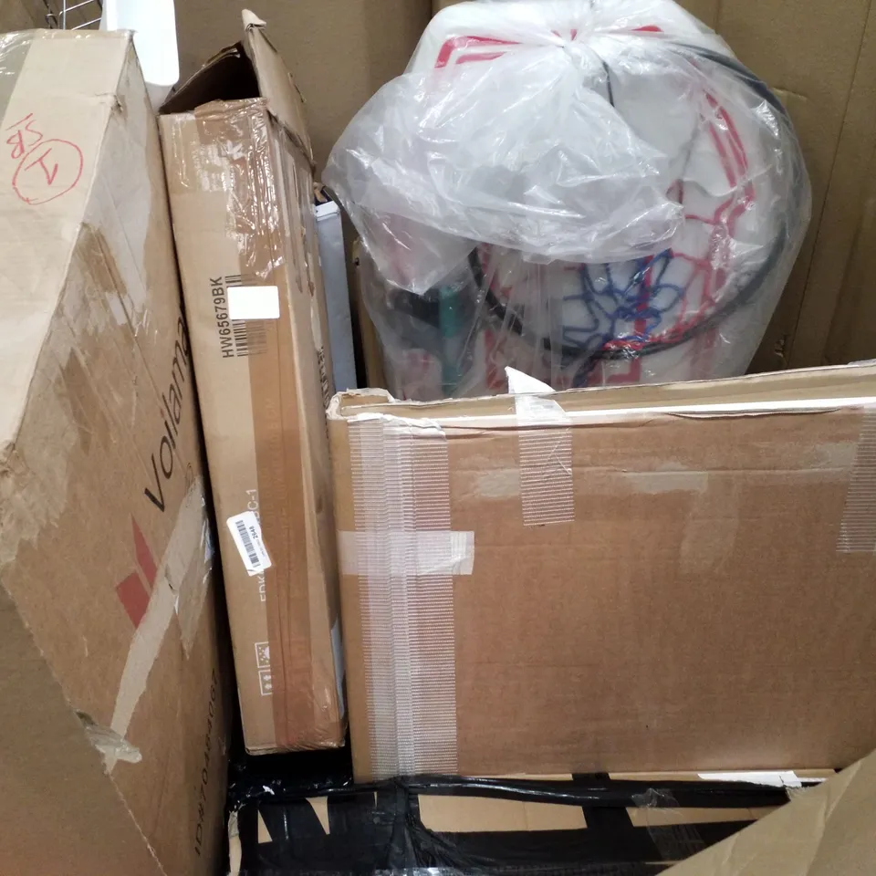 PALLET OF ASSORTED PRODUCTS INCLUDING OFFICE CHAIR, ROLLING STOOL, ELECTRIC FIREPLACE, STUNT SCOOTER