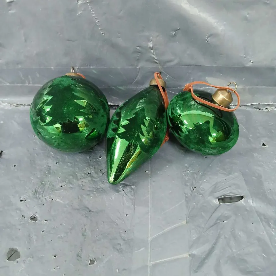 FESTIVE SET OF 3 FLOCKED GREEN GLASS BAUBLES - COLLECTION ONLY 