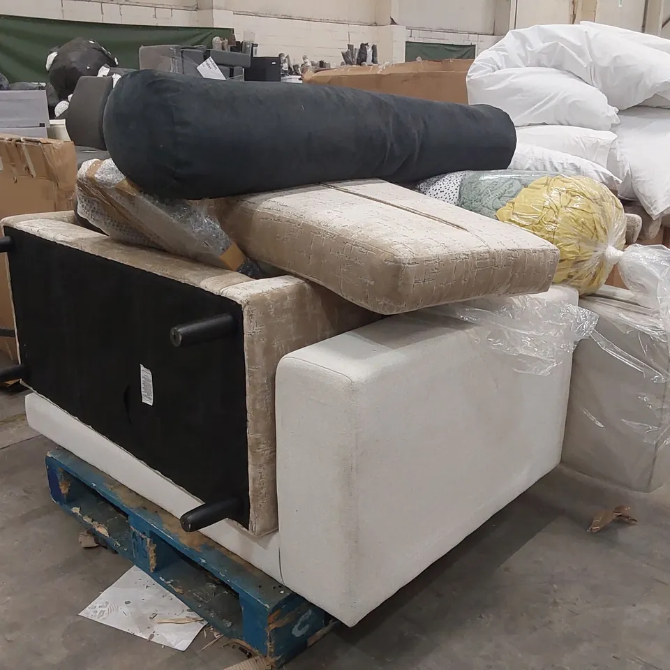 PALLET OF ASSORTED HOME FURNISHINGS INCLUDING: SOFA PARTS, CUSHIONS, BEDDING ECT