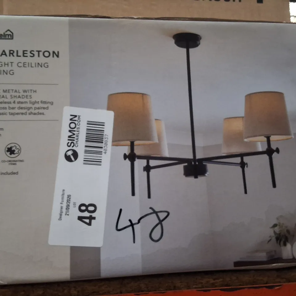 BOXED DUNELM CHARLESTON 4-LIGHT CEILING FITTING – BLACK METAL WITH NATURAL SHADES