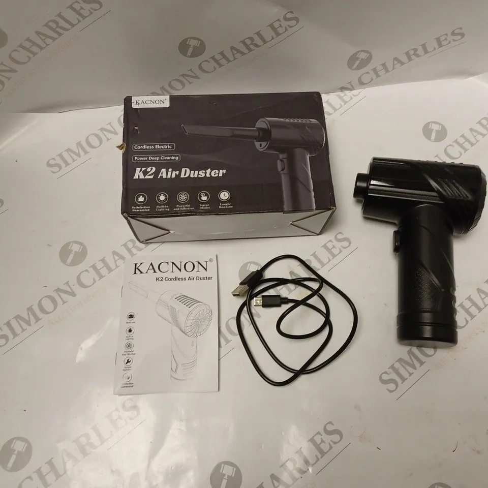 BOXED KACNON K2 CORDLESS AIR DUSTER WITH USB CABLE AND INSTRUCTIONS