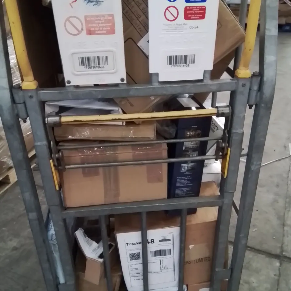 CAGE CONTAINING LARGE QUANTITY OF ASSORTED BOXED HOUSEHOLD PRODUCTS INCLUDING: LED NAIL LAMP, WATERFALL FOUNTAIN, LIFT SUPPORT GASFEDER,  LOTS OF LITHIUM-ION BATTERIES, HANDHELD FANS ETC.  