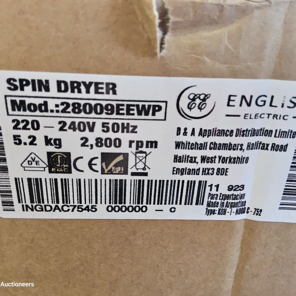 BOXED ENGLISH ELECTRIC SPIN DRYER Model 28009EEWP WHITE